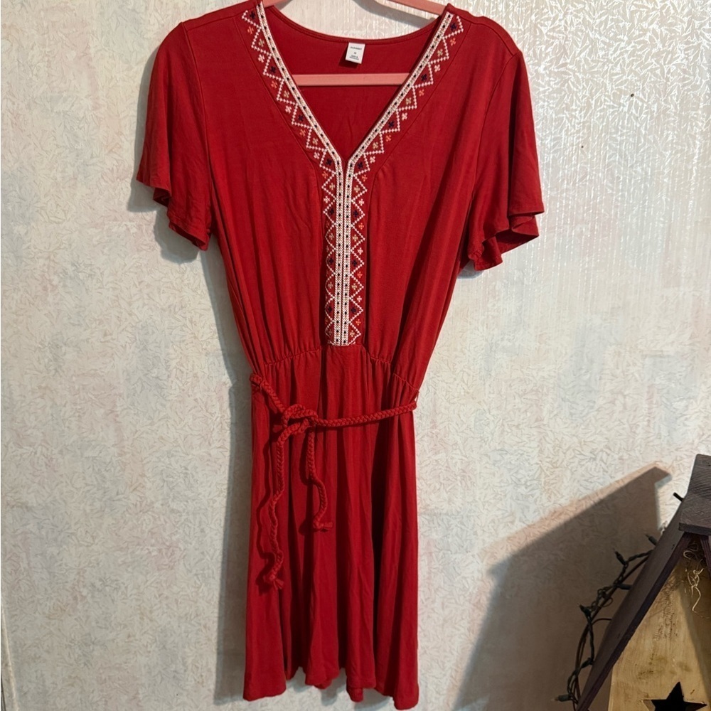 Old Navy Boho Red V-Neck Midi Dress, Embroidered Details, Braided Belt, Sz Med
